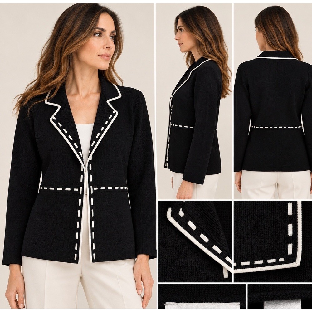 Misook Womens L Black White Knit Jacket Cardigan Contrast Trim Stitched Classic